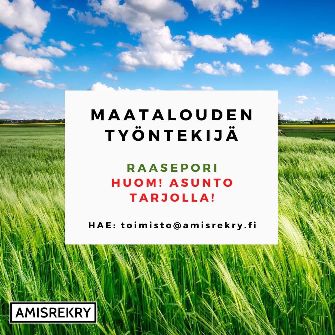 Amisrekry's tweet photo. Haemme asiakkaallemme Raaseporiin vakituiseen työsuhteeseen 1 maatalouden työntekijää. 
Pääsääntöisesti etsitään kokenutta traktorin kuljettaja, jolla löytyy osaamista viljelystä. Myös metsätalouden osaajat kiinnostavat.
Hae lähettämällä hakemus ja CV: toimisto@amisrekry.fi. https://t.co/iILv7BKJHE