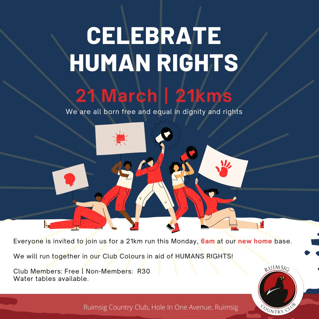 Let us unite and run together.  Join us on Monday, 21 March for 21kms!  

Everyone is welcome - dress in your club colours and let us run in aid of HUMAN RIGHTS.

Click on the link below for more information:
facebook.com/events/3938918…

#humanrights #runtogether