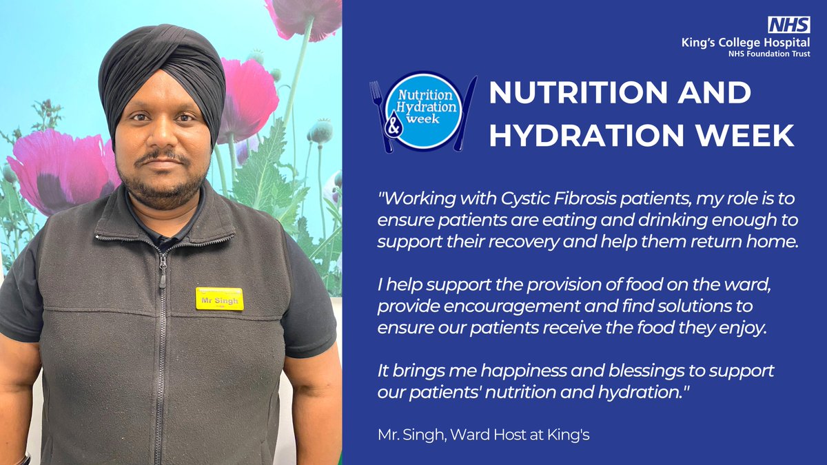 KingsCollegeNHS's tweet photo. 💬 "I help support the provision of food on the ward, provide encouragement and find solutions to ensure our patients receive the food they enjoy."

Mr Singh, ward host at King's College Hospital, spoke about how he cares for patients this #NHWeek2022.

#TeamKings l @NHWeek https://t.co/Eguc7aCoOw