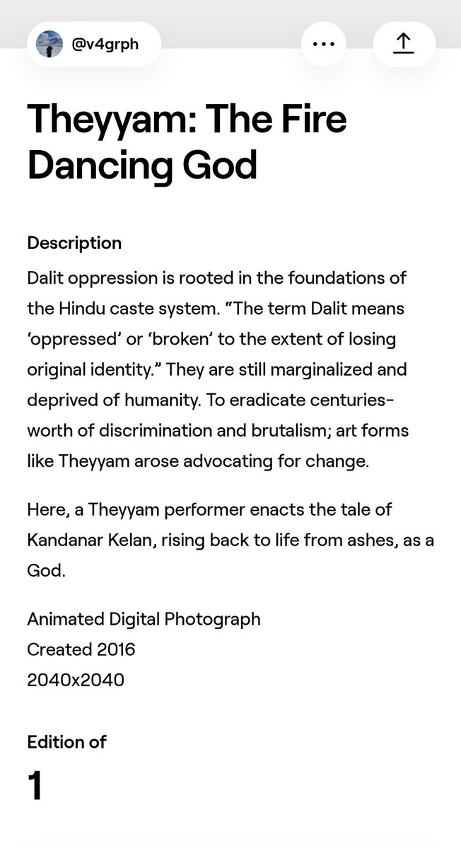 Theyyam :  🔥The Fire Dancing God 🔥
Spiritual art of Kerala #NFTMalayali

💥(It's an animated photograph)💥

Reserve price: 0.4ETH

Artwork link : foundation.app/@V4GRPH/~/39408

#NFTs #NFTdrop #NFTCommunity #nftphotography #cryptoart #Cryptoartists