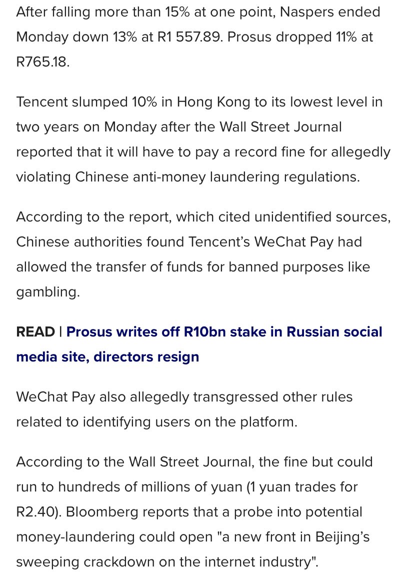 NalaThokozane's tweet photo. Koos Bekker Chines adventure has come back to haunt him. R100 billion wiped out from Naspers market cap in one day 😳😳😳 expect more as Tenncent woes continues. https://t.co/3dQ7W5SHXC