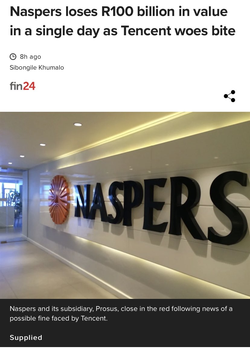 NalaThokozane's tweet photo. Koos Bekker Chines adventure has come back to haunt him. R100 billion wiped out from Naspers market cap in one day 😳😳😳 expect more as Tenncent woes continues. https://t.co/3dQ7W5SHXC