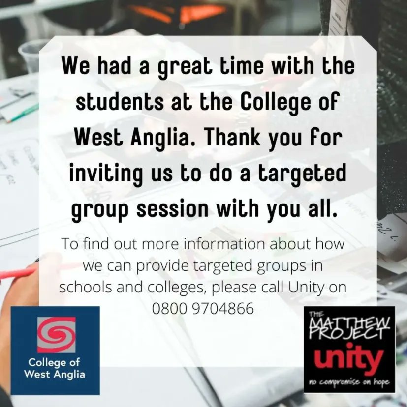 MatthewProject's tweet photo. Thank you to @cwa_college for having us for a targeted group session. We really enjoyed the session and engaging with you all!
#collegeofwestanglia #targetedsession #matthewproject #substancemisuse #youngpeople #Norfolk #support https://t.co/z0FZTpVdtA