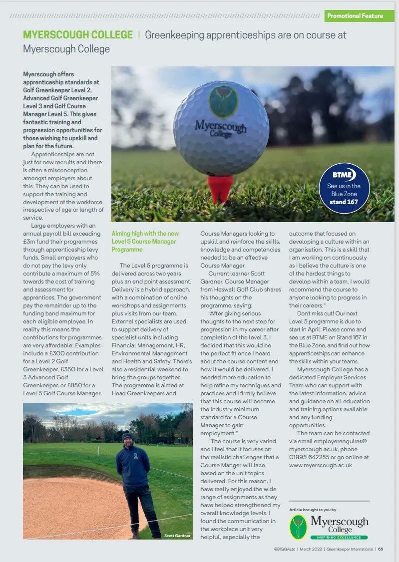 Great article in this months <a href="/BIGGALtd/">British & International Golf Greenkeepers Assn.</a> Greenkeeper talking about our apprenticeships provision within Greenkeeping. Thanks <a href="/ScottGardnerCM/">Scott Gardner</a> for the great words about the Course Manager Level 5 programme. For more info on the programme see: buff.ly/3t9OV4k