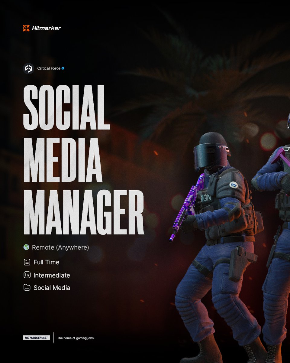 Hitmarker | Gaming Jobs (@hitmarkerjobs) on Twitter photo Help drive social engagement for the successful FPS mobile game Critical Ops 👀
💼 Social Media Manager
🏢 Critical Force | <a href="/CriticalForceLt/">Critical Force</a>
🌎 Remote (Anywhere)
📃 Full Time
🎚 Intermediate
🏷 Social Media
Apply here 👉 hitmarker.net/jobs/critical-… Help drive social engagement for the successful FPS mobile game Critical Ops 👀
💼 Social Media Manager
🏢 Critical Force | <a href="/CriticalForceLt/">Critical Force</a>
🌎 Remote (Anywhere)
📃 Full Time
🎚 Intermediate
🏷 Social Media
Apply here 👉 hitmarker.net/jobs/critical-…