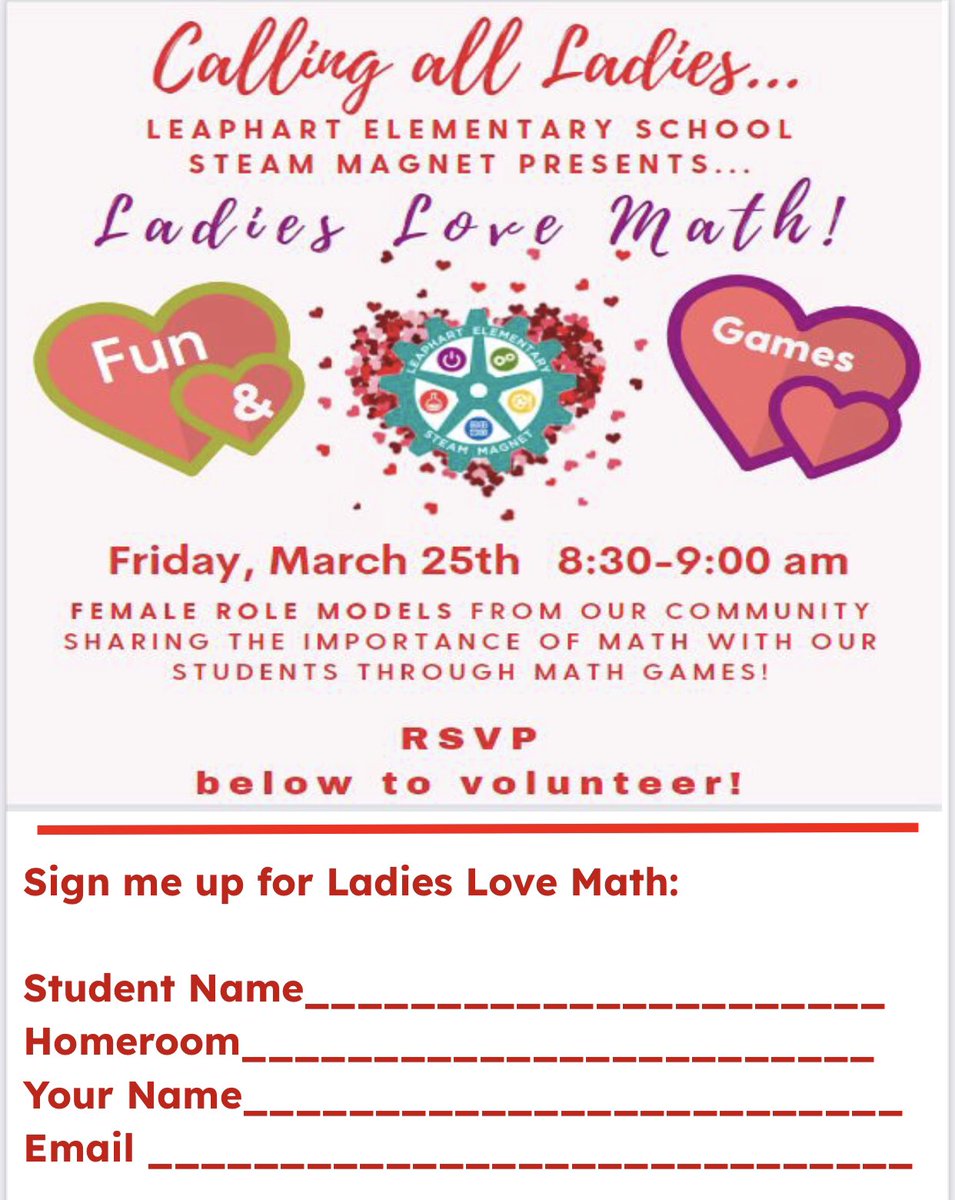 Join us for Ladies Love Math!  Click on the link below to register! 

docs.google.com/forms/d/e/1FAI…