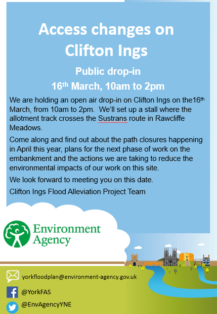 EnvAgencyYNE's tweet photo. We're holding an open air drop-in event at Clifton Ings, #York tomorrow from 10am to 2pm. Come along and find out about the path closures happening in April, and plans for the next phase of flood defence work as part of the #YorkFAS. https://t.co/Vo1OQwpZco