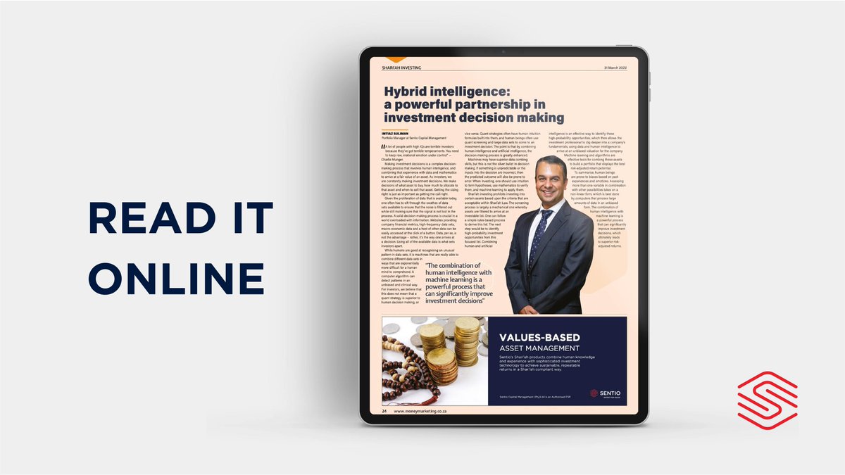 SentioCapital's tweet photo. "The combination of human intelligence with machine learning is a powerful process that can significantly improve investment decisions." @ImtiazSuliman 
https://t.co/Mg096KywHC
#Sentio #Invest #InvestBeforeTheRest #ShariahInvesting #MoneyMarketing #MachineLearning https://t.co/XqZM3LQSx7