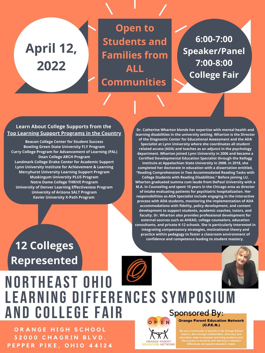 I am excited to officially invite you to the Northeast Ohio Learning Differences Symposium and College Fair.  This is open to students and families from ALL communities.  A unique chance to learn about/connect with 12 of the TOP college learning support programs in the country!