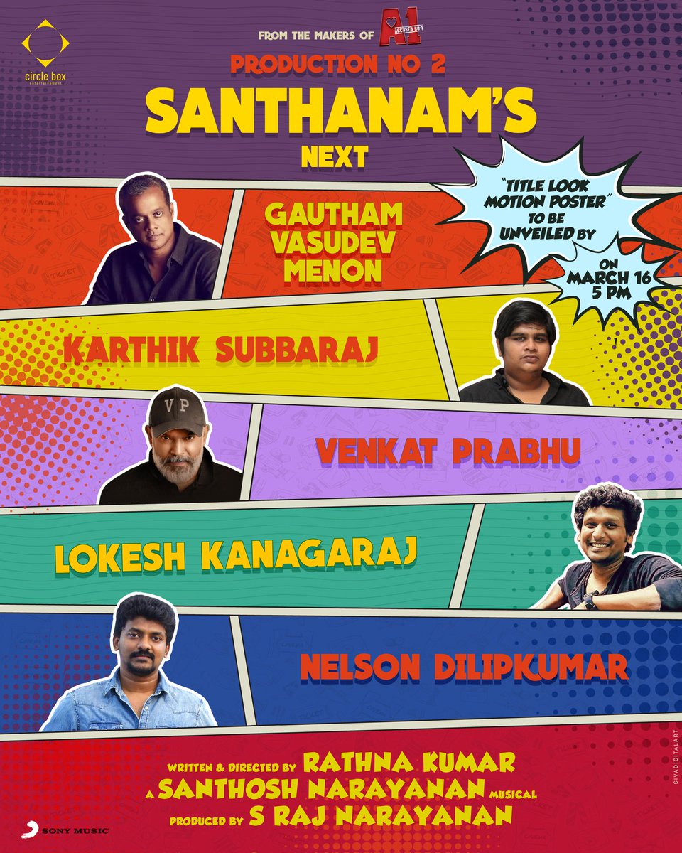sofia_mac220's tweet photo. #Santhanam 

WRITTEN &amp;  DIRECTED BY : #RathnaKumar - 

MUSIC : #SanthoshNarayanan

PRODUCER : @rajnarayanan_

FIRST LOOK TOMORROW AT 5PM. https://t.co/ws27BfmB3I