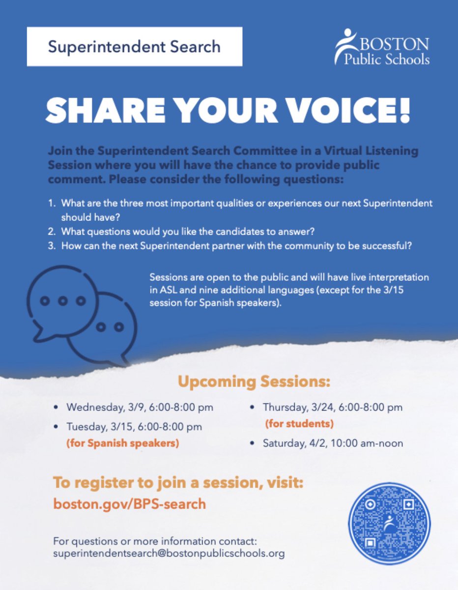 MarcusMcNeill_'s tweet photo. Join the Superintendent Search Committee Co-Chairs &amp; Members at 6pm as we kick off our second Listening Session to find the next Superintendent of @BostonSchools! This session will be hosted in entirely in Spanish, we hope to see you there! @CityOfBoston https://t.co/uWAtmLKvZg