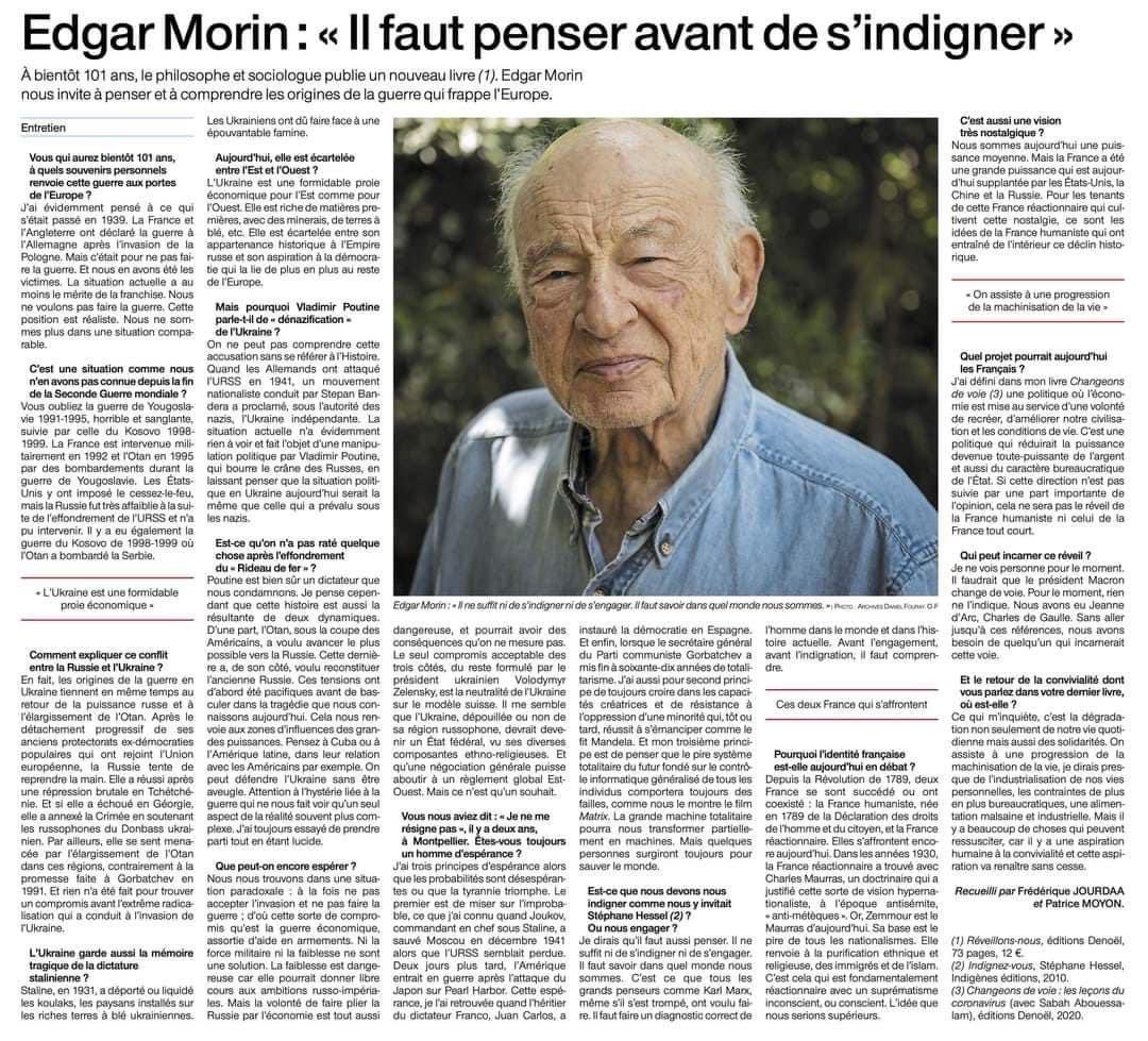 J'ai 3 #principes d'espérance: 1/ miser sur l'improbable 2/ croire en les capacités créatrices et de résistance d'une minorité 3/ penser que le pire système totalitaire du futur fondé sur le contrôle informatique généralisé aura toujours des failles, Merci Monsieur #EdgarMorin
