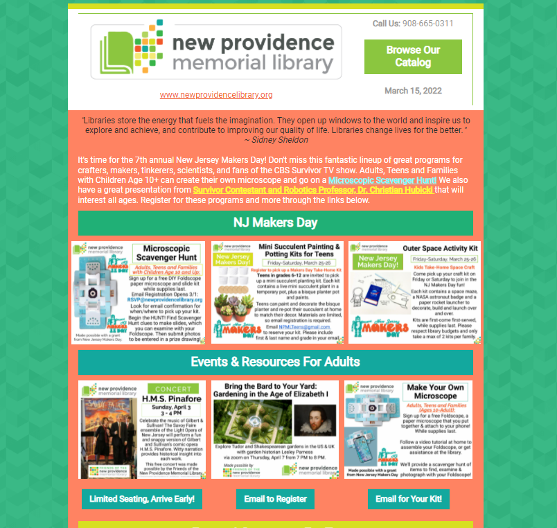 NewProvLibrary's tweet photo. Calling all Scientists, Survivor Fans, Makers and More...
DON'T MISS THIS LINEUP of FREE programs!
Click through this link for details on programs and links to register:
- Survivor Robotics presentation
- Microscopic Scavenger Hunt
- NJ Makers Day kits
https://t.co/W5qpWKT2n7 https://t.co/b4RvsphGfD
