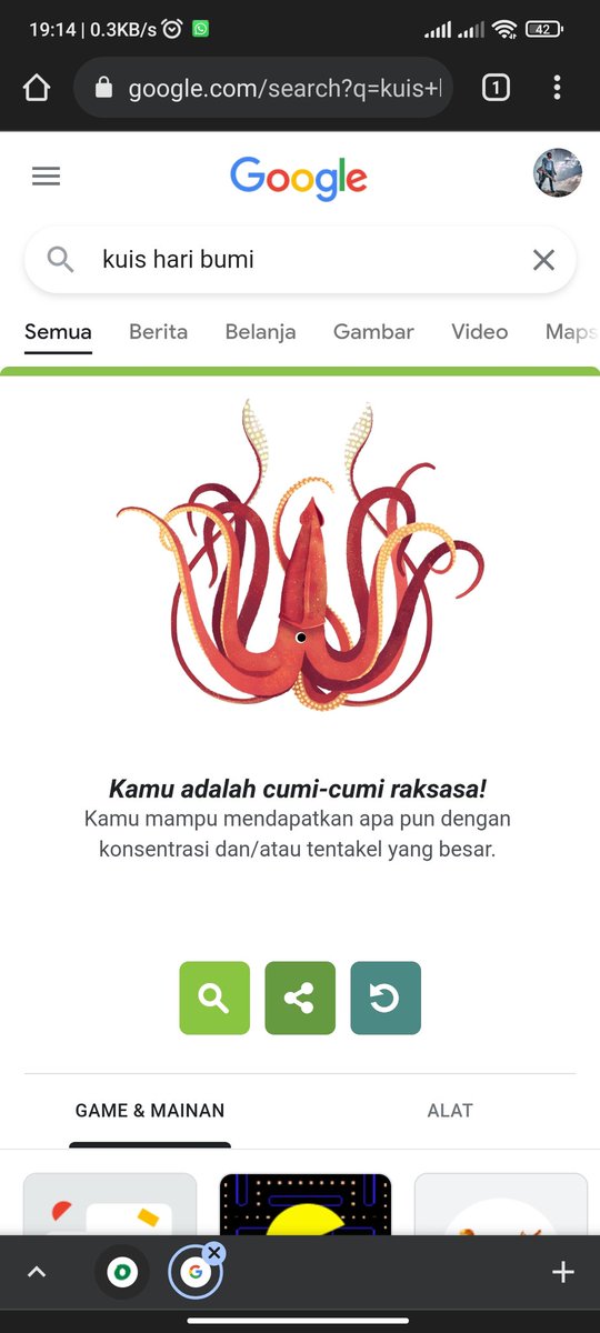 Aku seekor cumi-cumi raksasa! Hewan apa yang kamu dapat dari kuis #GoogleDoodle Hari Bumi? g.co/kgs/q1pyBj