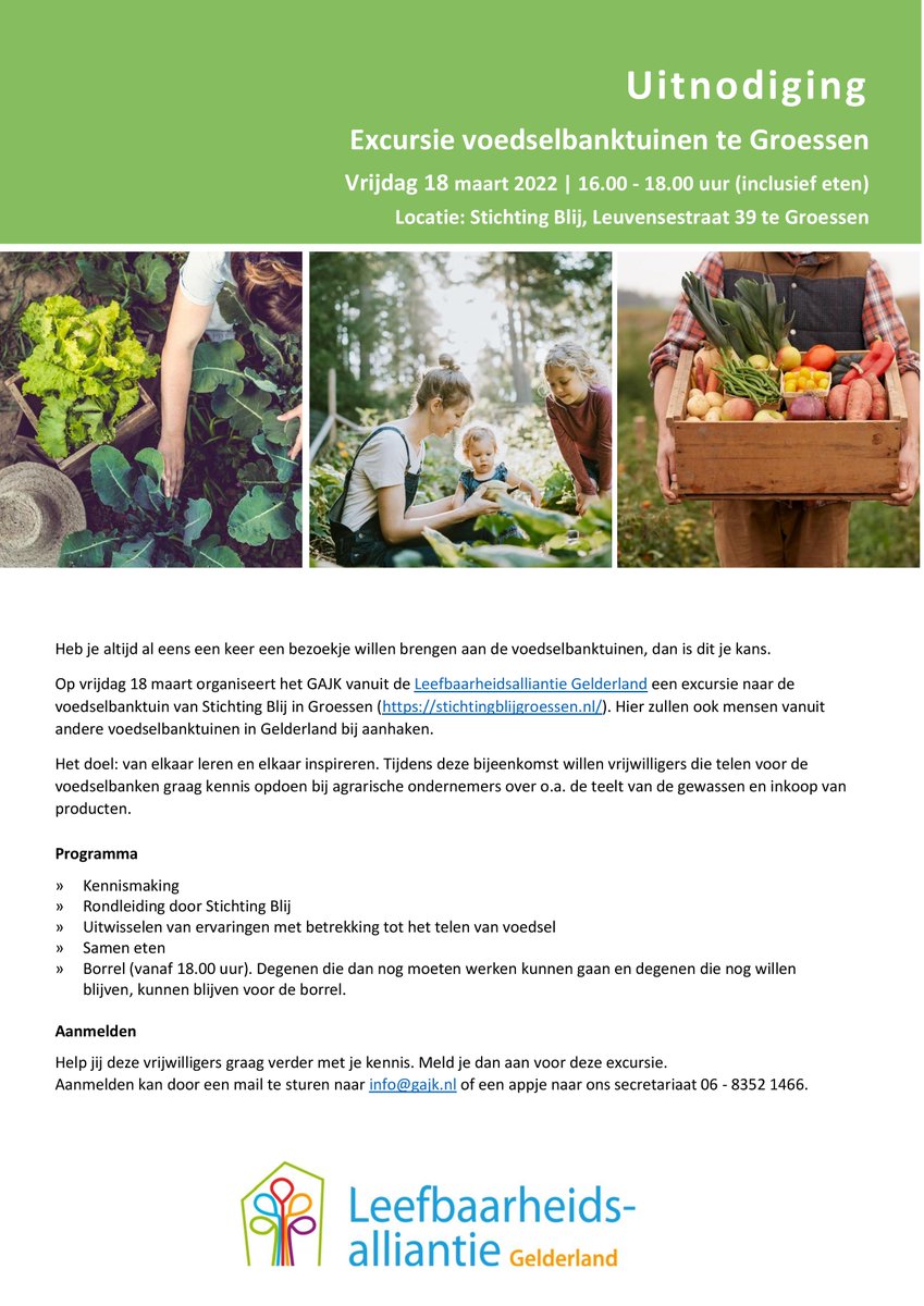DBGAJK's tweet photo. Heb jij aanstaande vrijdag nog geen plannen?

Mooi! Meld je dan snel aan voor onze #excursie naar de #voedselbanktuin in #Groessen (https://t.co/u9z4gFc24G)

Ben jij er ook bij? Er wordt gezorgd voor een hapje en een drankje.

Hopelijk zien we elkaar de 18de!👋 https://t.co/LRWA3k0Hvc