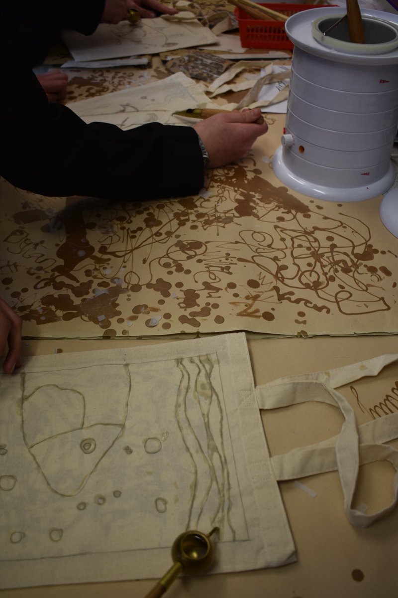 Our Year 9 students have been experimenting with the technique of batik in lessons this week. Pupils are drawing their 'Under the Sea' inspired designs with hot wax onto fabric bags. #worldoceanday