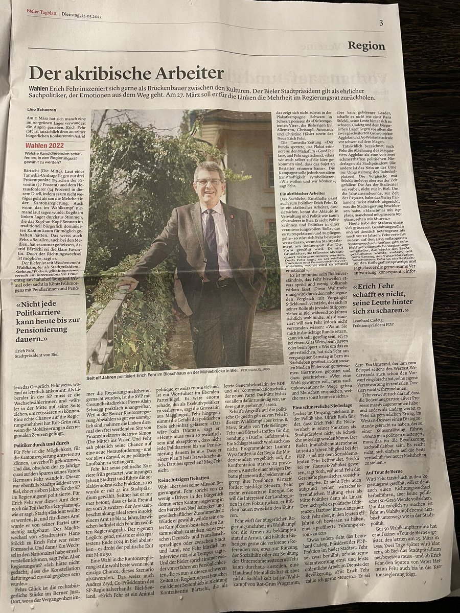 fehr_e's tweet photo. Heute hat das Bieler Tagblatt meiner Regierungsratskandidatur eine ganze Seite gewidmet; Autor @lininho11 @bielertagblatt @spkantonbern@@gruenebern https://t.co/v9o7MBpcH9