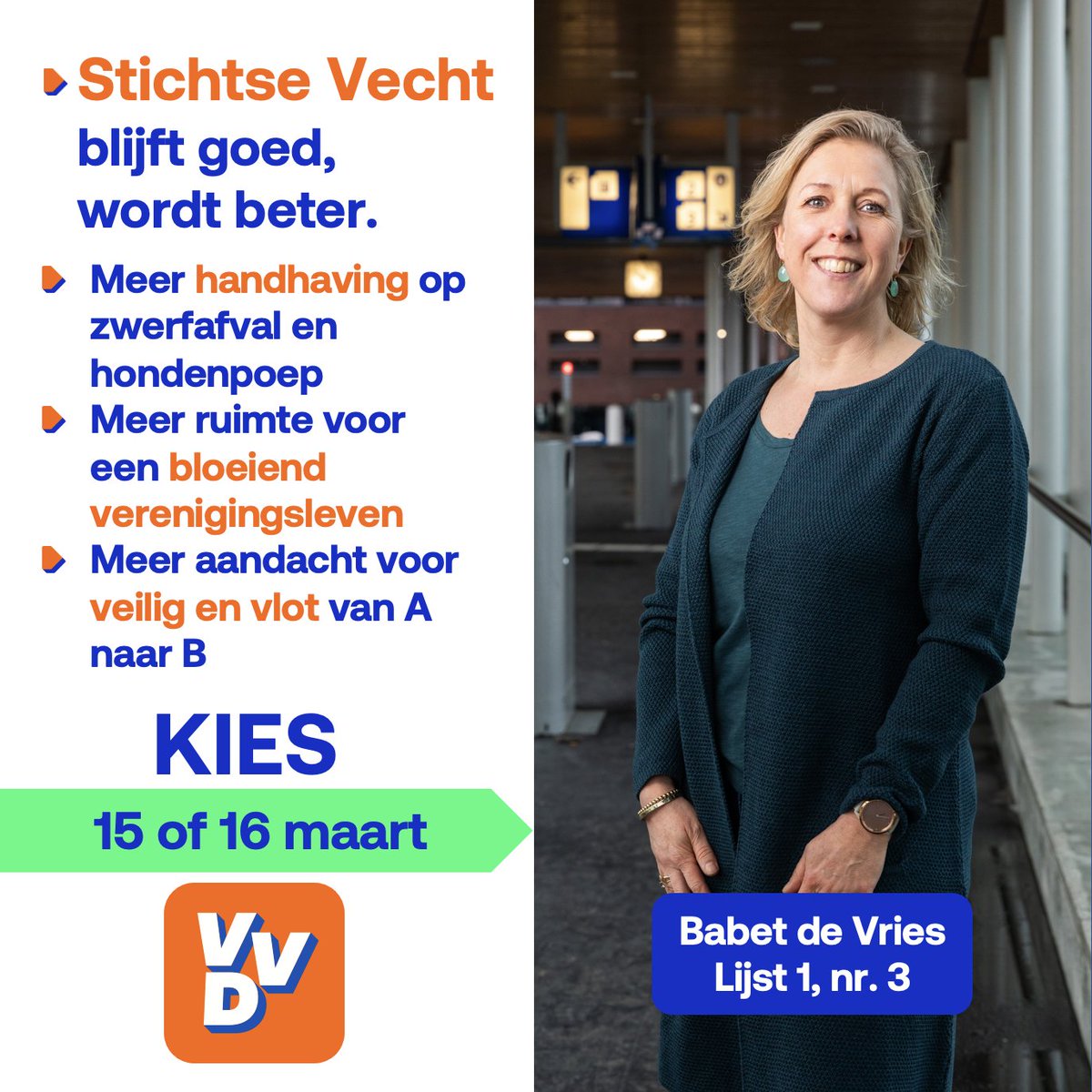 Kies vandaag of morgen <a href="/deVries10165135/">babet de vries</a>. Voor meer handhaving, een bloeiend verenigingsleven en een gemeente waar je veilig en vlot van A naar B kunt. Of je nou gebruik maakt van de fiets, het OV of de auto. Kies VVD.