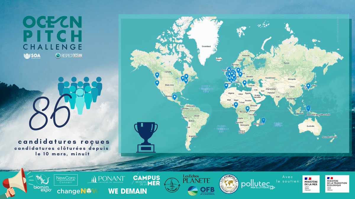 RespectOcean ๐ (@respect_ocean) on Twitter photo ๐๐ #๐๐๐๐๐ง๐๐ข๐ญ๐๐ก๐๐ก๐๐ฅ๐ฅ๐๐ง๐ ๐๐๐๐๐ : โงโฅ ๐๐๐ง๐๐ข๐๐๐ญ๐ฎ๐ซ๐๐ฌ ๐ซ๐รง๐ฎ๐๐ฌ !
La 1รจre phase de notre concours Ocean pitch challengeยฎ s'est achevรฉe le 10 mars. Nous avons reรงu 86 candidatures ! Merci ร tous les participants!
<a href="/MerGouv/">Mer et Pรชche</a> <a href="/Ecologie_Gouv/">Ministรจres Territoires รcologie</a> ๐๐ #๐๐๐๐๐ง๐๐ข๐ญ๐๐ก๐๐ก๐๐ฅ๐ฅ๐๐ง๐ ๐๐๐๐๐ : โงโฅ ๐๐๐ง๐๐ข๐๐๐ญ๐ฎ๐ซ๐๐ฌ ๐ซ๐รง๐ฎ๐๐ฌ !
La 1รจre phase de notre concours Ocean pitch challengeยฎ s'est achevรฉe le 10 mars. Nous avons reรงu 86 candidatures ! Merci ร tous les participants!
<a href="/MerGouv/">Mer et Pรชche</a> <a href="/Ecologie_Gouv/">Ministรจres Territoires รcologie</a>