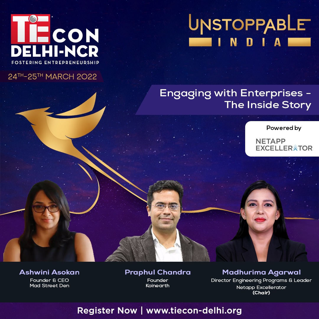TiE Delhi-NCR (@tiedelhi) on Twitter photo Decode Enterprise Selling with Ace Deep Tech founder, <a href="/LadyAshBorg/">ashwini asokan</a> of <a href="/MadStreetDen/">Mad Street Den</a>, Chief Scientist at <a href="/koine_arth/">KoineArth (marketsN)</a>, <a href="/praphulcs/">praphul chandra</a> & Director of engineering programs, <a href="/NetAppIndia/">NetApp India</a>, <a href="/MadhurimaAg/">Madhurima Agarwal</a> only at #UnstoppableIndia: #TiEConDelhi2022
Register- bit.ly/TiECon2022
Mar 24-25 Decode Enterprise Selling with Ace Deep Tech founder, <a href="/LadyAshBorg/">ashwini asokan</a> of <a href="/MadStreetDen/">Mad Street Den</a>, Chief Scientist at <a href="/koine_arth/">KoineArth (marketsN)</a>, <a href="/praphulcs/">praphul chandra</a> & Director of engineering programs, <a href="/NetAppIndia/">NetApp India</a>, <a href="/MadhurimaAg/">Madhurima Agarwal</a> only at #UnstoppableIndia: #TiEConDelhi2022
Register- bit.ly/TiECon2022
Mar 24-25