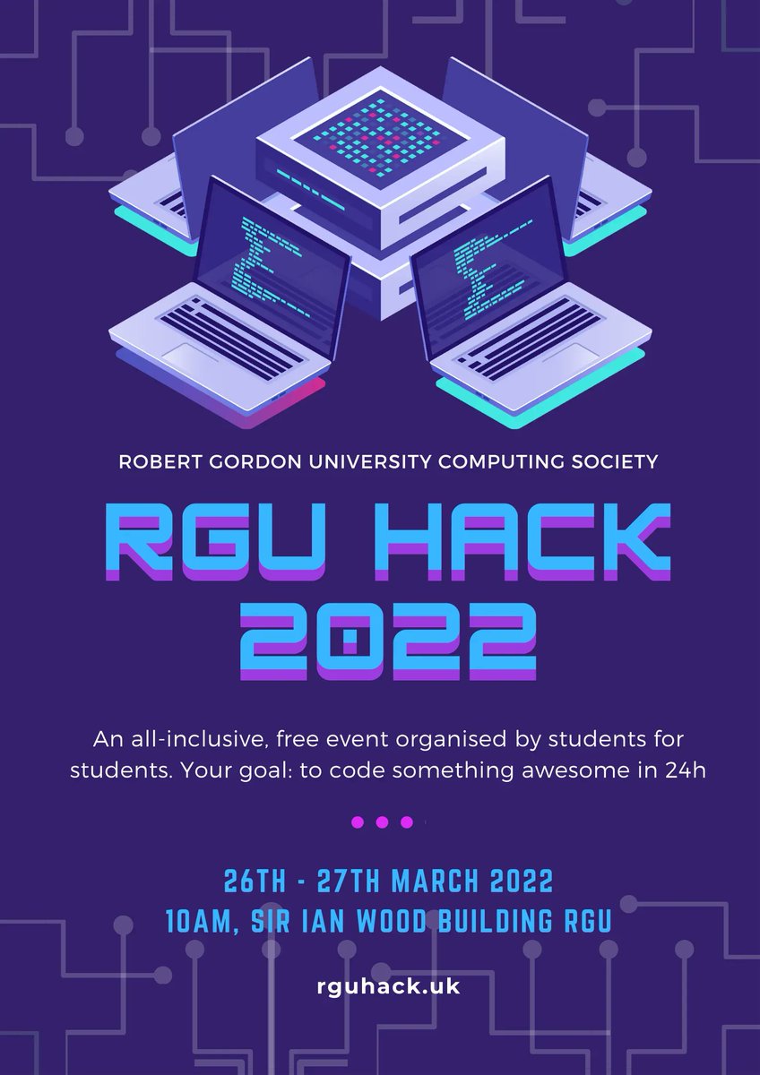 rgusocet's tweet photo. RGUHack is back! Saturday 26th and Sunday 27th March at RGU. Come learn some new skills, meet potential employers, have fun, eat and play with tech! Open to all College and University students and you don’t have to be good at computing to attend! Sign up @ https://t.co/2xvFXHCViE https://t.co/ZlxqDTfWyF