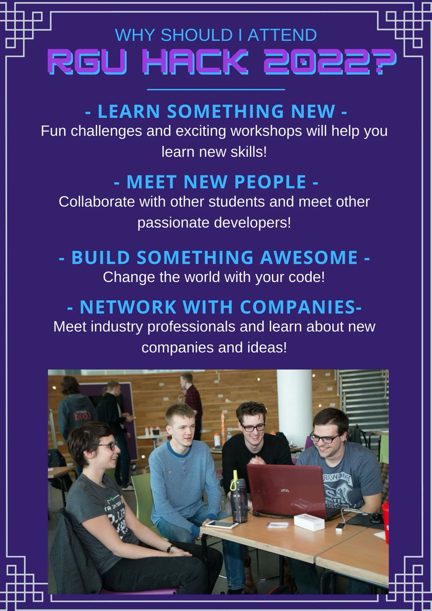 rgusocet's tweet photo. RGUHack is back! Saturday 26th and Sunday 27th March at RGU. Come learn some new skills, meet potential employers, have fun, eat and play with tech! Open to all College and University students and you don’t have to be good at computing to attend! Sign up @ https://t.co/2xvFXHCViE https://t.co/ZlxqDTfWyF