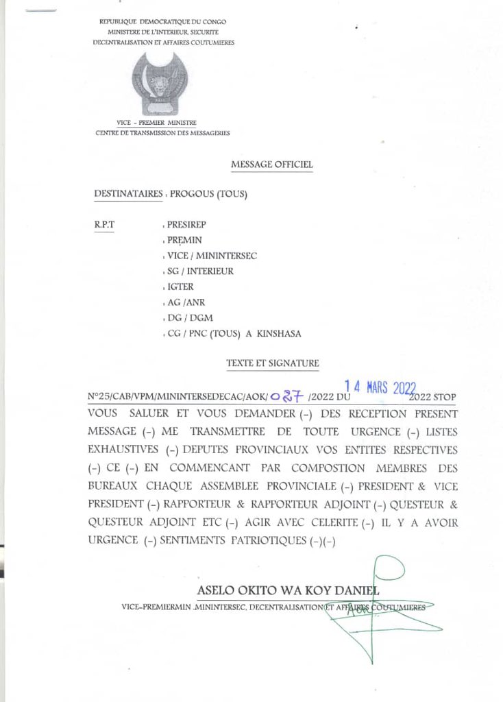 PrMatofali's tweet photo. RDC:Violation de la Constitution par le #Miniatre_de_l_interieur en demandant aux Gouverneurs de lui transmettre les listes d députés provinciaux, membres 2 institutions autonomes jouissant d l’autonomie de gestion et il vient de créer 1 poste de questeur adjoint ki n’existe pas https://t.co/t9yzlNg6At