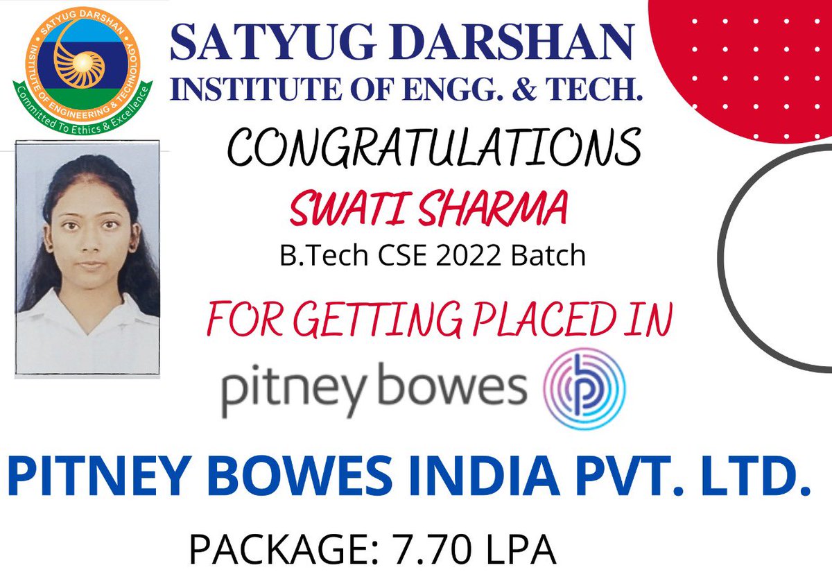 Placement update-

SDIET Congratulate Swati Sharma, CSE Student, for getting placement in Pitney Bowes India Pvt. Ltd.

#SDIET #faridabadcollege #BestManagementCollege #placement