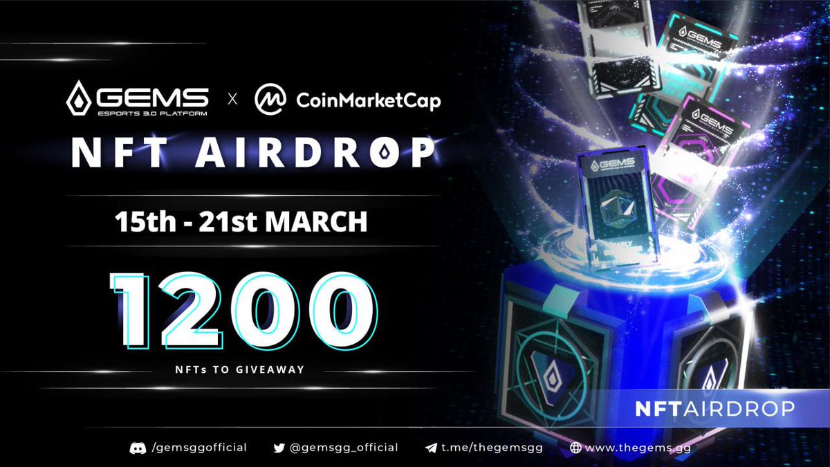 GEMS Esports 3.0 Platform (@gemsgg_official) on Twitter photo 🎁The #GEMS X <a href="/CoinMarketCap/">CoinMarketCap</a> NFT Airdrop is here!
📆Airdrop to run from Mar 15-21
Want in?
⬇️Follow the CMC campaign link:
coinmarketcap.com/currencies/gem…
1200 lucky winners will each get 1 mystery box!
*Boxes to be received on Mar 24 and NFT cards on Mar 31 🎁The #GEMS X <a href="/CoinMarketCap/">CoinMarketCap</a> NFT Airdrop is here!
📆Airdrop to run from Mar 15-21
Want in?
⬇️Follow the CMC campaign link:
coinmarketcap.com/currencies/gem…
1200 lucky winners will each get 1 mystery box!
*Boxes to be received on Mar 24 and NFT cards on Mar 31