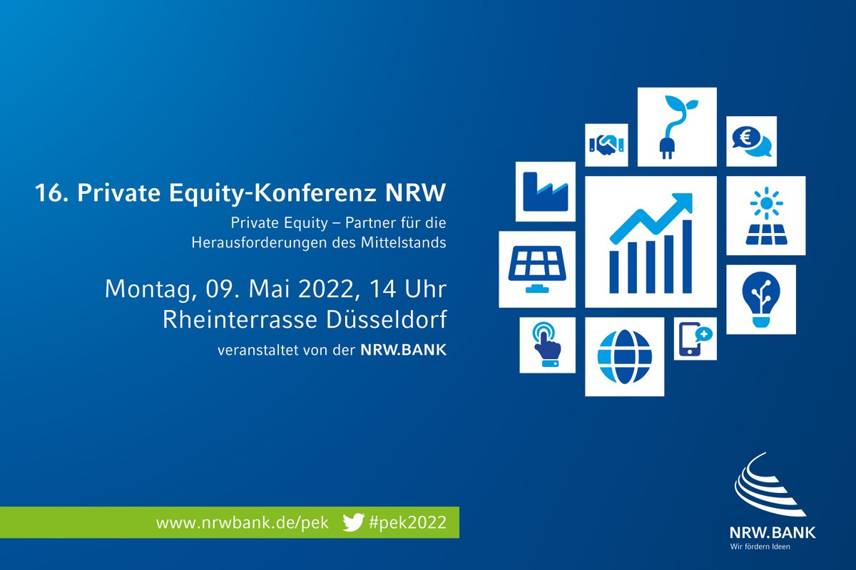 Wir laden Sie am 9. Mai zur 16. Private Equity-Konferenz NRW #pek2022 ein. Im Fokus: Herausforderungen des Mittelstands – und wie Akteure diese meistern. Melden Sie sich an: nrwbank.de/pek. #Startups erwartet beim Pitch ein Preisgeld. #NRWBANK /ck