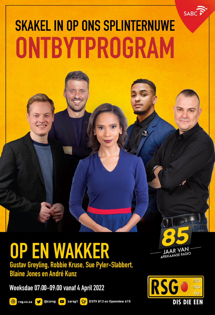 RSG 100-104FM (@zarsg) on Twitter photo Maak gereed vir RSG se eerste ontbytprogram #OpEnWakker wat op 4 April om 07:00 afskop met <a href="/GustavRsg/">GustavGreylingRSG</a> <a href="/RobbieKruse/">Robbie Kruse</a> <a href="/SuePyler/">Sue Pyler</a> @papi_blaino en <a href="/AndreKunz/">Andre Kunz</a> #50JaarVanAfrikaanseRadio
<a href="/JoosteL/">Louise Jooste</a> <a href="/Graigo/">Graig-Lee Smith 🏳️🌈</a> <a href="/elsjevj/">Elsje van Jaarsveld</a> <a href="/Amorersg/">Amore Bekker</a> <a href="/MartelizeBrink/">Martelize Brink</a> <a href="/johanrademan1/">Johan Rademan</a> <a href="/willempelserrsg/">Willem Pelser</a> <a href="/carlamackenzie7/">CARLA MACKENZIE</a> Maak gereed vir RSG se eerste ontbytprogram #OpEnWakker wat op 4 April om 07:00 afskop met <a href="/GustavRsg/">GustavGreylingRSG</a> <a href="/RobbieKruse/">Robbie Kruse</a> <a href="/SuePyler/">Sue Pyler</a> @papi_blaino en <a href="/AndreKunz/">Andre Kunz</a> #50JaarVanAfrikaanseRadio
<a href="/JoosteL/">Louise Jooste</a> <a href="/Graigo/">Graig-Lee Smith 🏳️🌈</a> <a href="/elsjevj/">Elsje van Jaarsveld</a> <a href="/Amorersg/">Amore Bekker</a> <a href="/MartelizeBrink/">Martelize Brink</a> <a href="/johanrademan1/">Johan Rademan</a> <a href="/willempelserrsg/">Willem Pelser</a> <a href="/carlamackenzie7/">CARLA MACKENZIE</a>