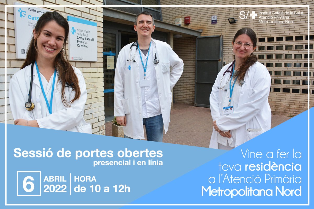 apicsmetronord's tweet photo. Vine a fer la teva residència a l'Atenció Primària Metropolitana Nord!

📌Jornada de portes obertes
🗓️6 d'abril de 10 a 12h
📍#CAPSantaColoma de Gramenet 
💻També assistència en línia

📝Informació i inscripcions https://t.co/sUd9uTaKCM

#MIR2022 #IIR2022 #residents #MIR22 #IIR22 https://t.co/pgoDFubtRe
