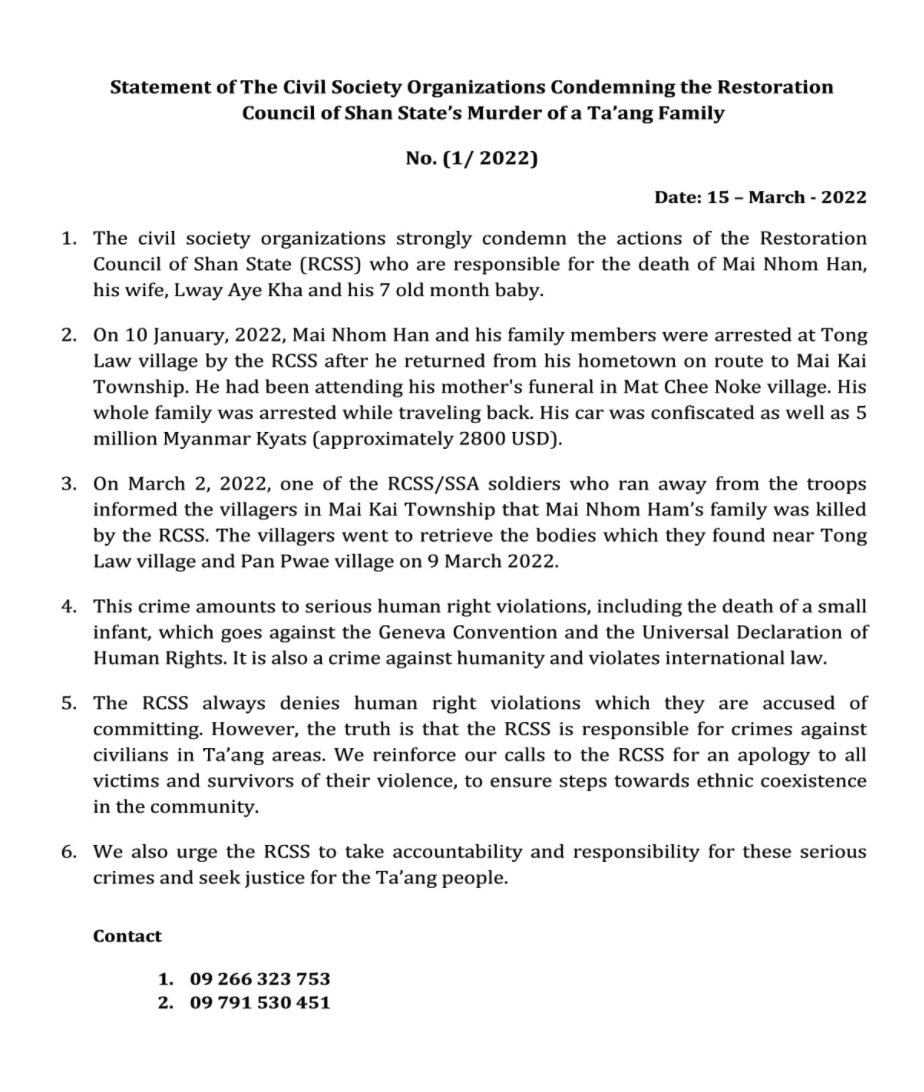 mattyrdubs's tweet photo. Myanmar CSO statement condemning the brutal murder of TNP township chairman Mai Nhom Han, his wife &amp; young child, by the RCSS. Despite an RCSS soldier admitting to the crime, RCSS leadership still denies everything. A truly awful case. RIP.  #WhatsHappeningInMyanmar https://t.co/80Za69s5uB