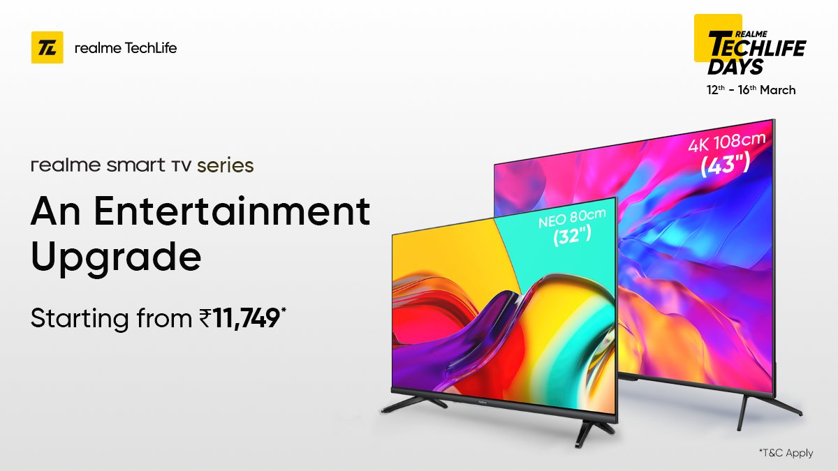 realmenarzoIN's tweet photo. Unlock a smarter, more immersive entertainment experience with the #realmeSmartTV series!
Starting at ₹11,749*
*T&C Apply
Available on https://t.co/n3vAbwuqXx & @Flipkart.
Buy now: https://t.co/6JS399L5Ei https://t.co/pZD6IIctPV