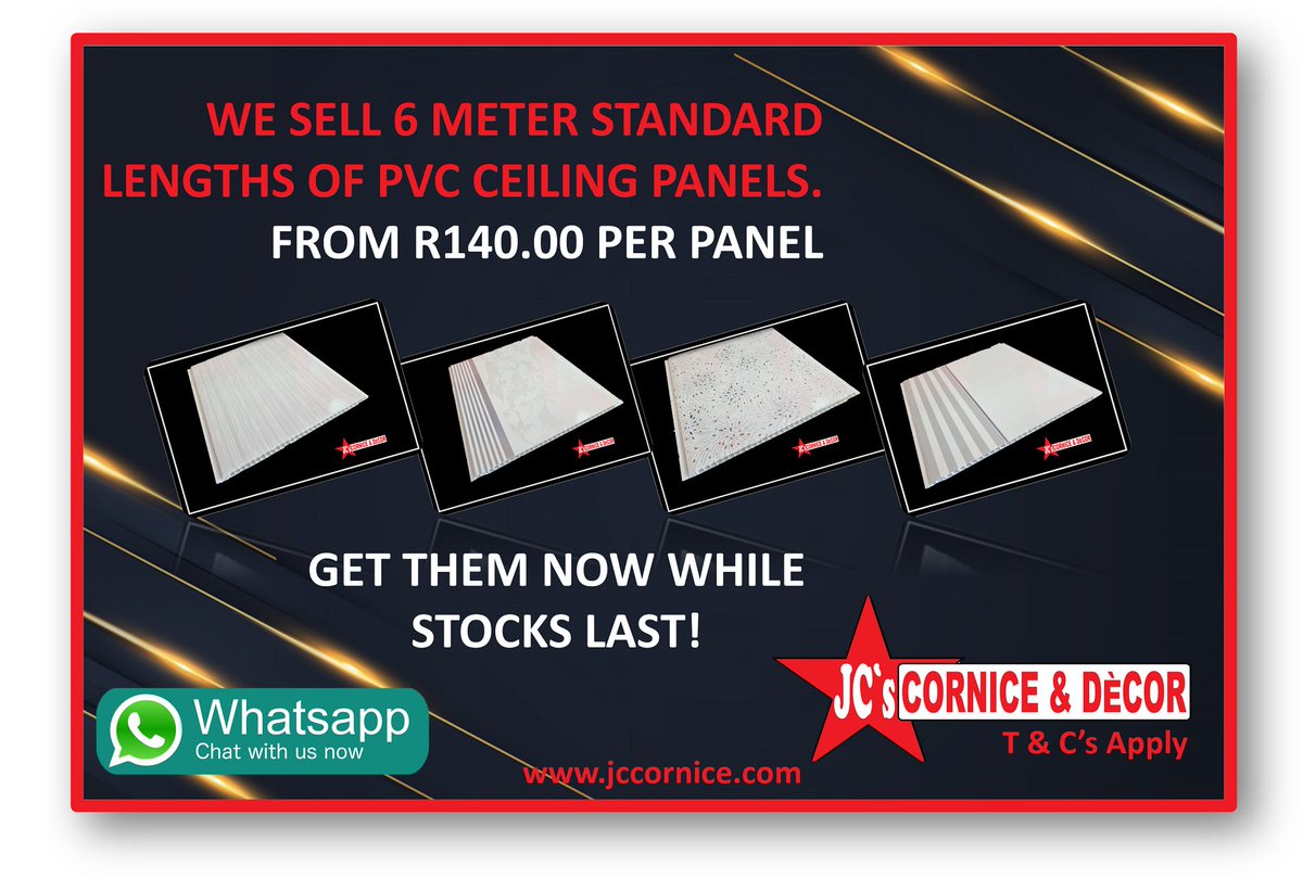 MstarProduct's tweet photo. We sell 6 meter standard lengths of PVC Ceiling
Panels in a range of designs. Get them now from
R140.00 per length.
Chat to us on WhatsApp for more information or
visit our website today to view our product
selection: https://t.co/wXbFB0W75g https://t.co/uYLqrlZr8O