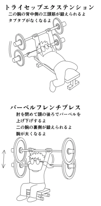 今日のトレ トライセップエクステンション20k10,30k10x3,35k7,7,5 バーベルフレンチプレス20k10,30k10x3 フレンチプレス20k10x3 アーノルドプレス片側15k10x3,同17.5k10,7,6 フロント&サイドレイズ片側片側5k10x3,片側4k10x3 腰の違和感で腹筋なしの60分  #筋トレ #ダイエット