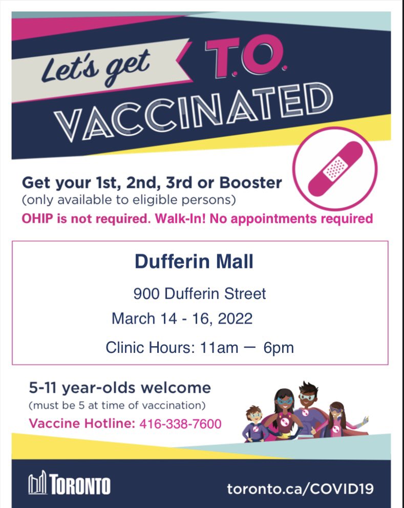YWPVaccine's tweet photo. Vaccine clinic at Duffern mall from 11-6pm!
Don’t miss out! #LetsGetTOVaccinated #TorontoTogether #ywpletsgetvaccinated #CanadaTogether #TorontoStrong #CanadaStrong #covid19 #the6ix #community #thisisourshot #thisisourshotca #getyourshot #toronto #ontario #canada #omicron https://t.co/mji7LgsiqL