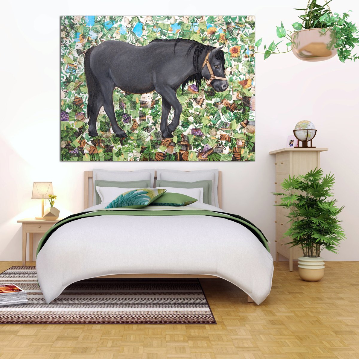 commission: "Midnight", 23/31 in, #mixedmedia (oil paint, #decoupage) on canvas #horsepainting #ponypainting  #wallart #decorativeart #oilpainting #art #animalart #painting #originalart #canvaspainting