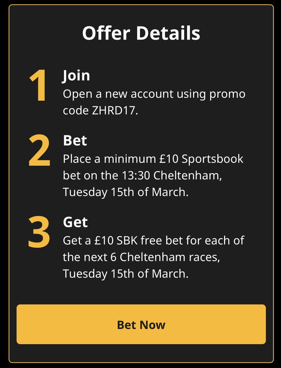 Get £60 in free bets at Cheltenham today.

Claim ---> bit.ly/3CGFLiZ

New customers bet £10 on the first race and get £60 free - one £10 bet for each race for the rest of today's card!

Begambleaware.org ts &amp; cs apply, 🔞 only #ad