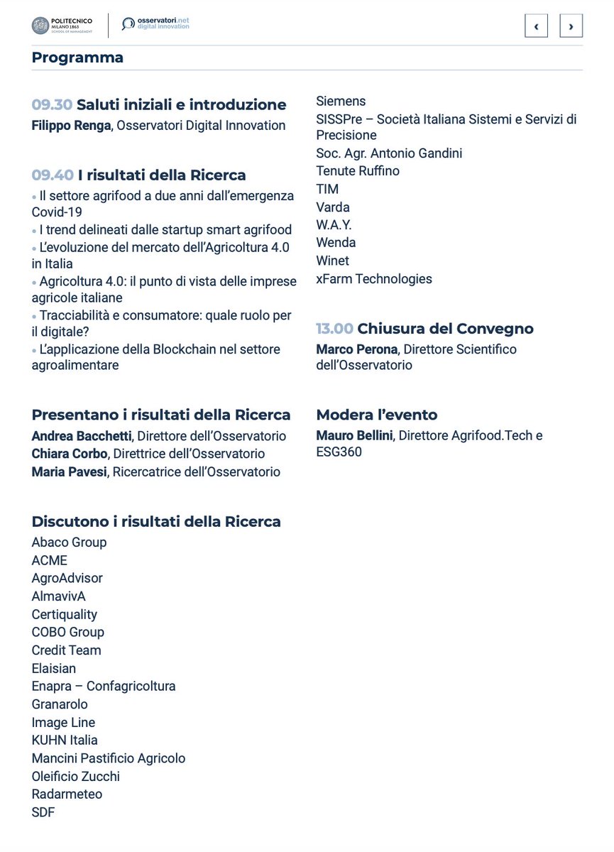 Al via alle 9:30 il convegno "#Smartagrifood: raccogliamo i frutti dell’#innovazionedigitale!" Accedi o iscriviti per seguire la diretta streaming gratuitamente: bit.ly/35RLIxz #osaf22