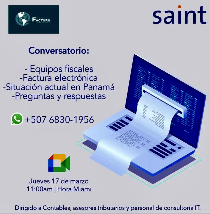 AdelsoPrieto's tweet photo. Este jueves 17 de marzo del 2022, a las 10:00am hora de 🇵🇦,conversatorio SIN COSTO COMERCIAL sobre e.  fiscales y f. electrónica, aclarando dudas-situación actual. @saintnet @totalaplicaciones @thefactoryhkapa @ebi_pac @siteck_tecnologia @dgipma @colegiocpapma https://t.co/q32EENjZig