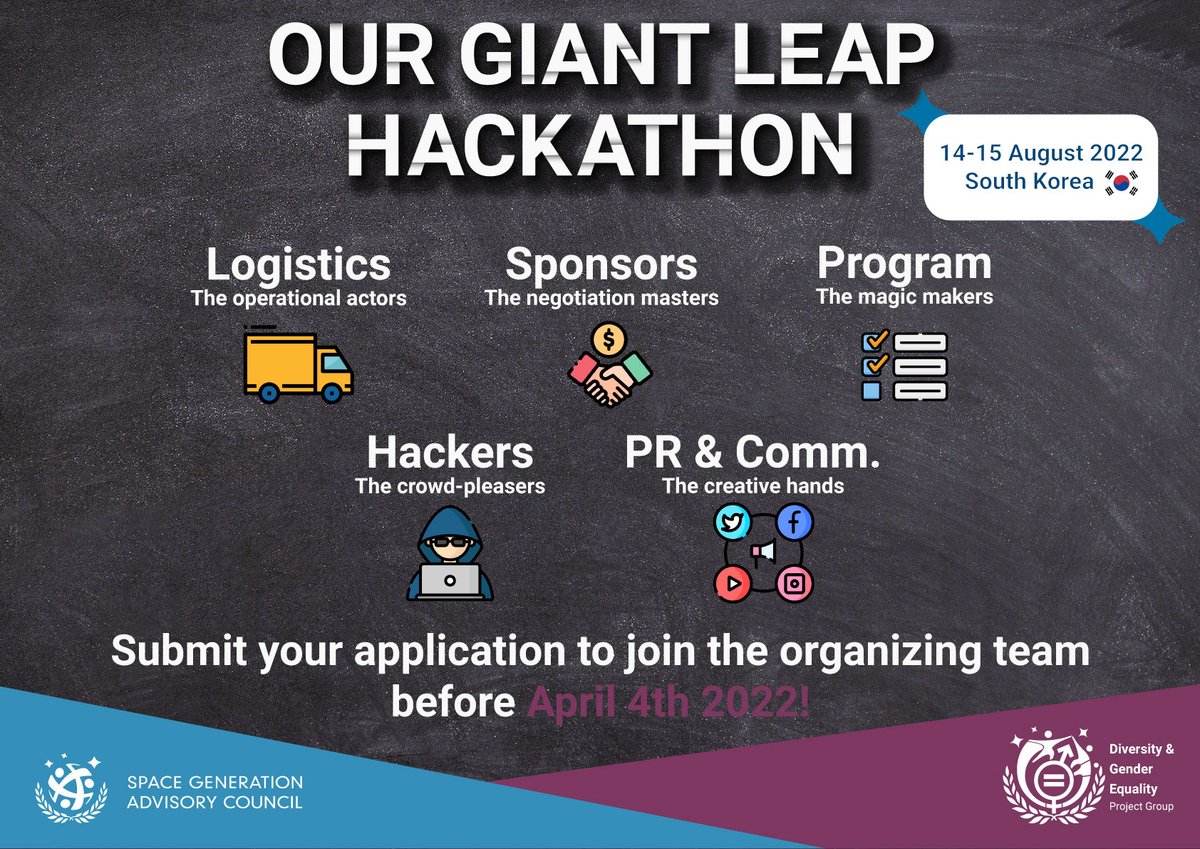 Plenty of opportunities to join the Diversity and Gender Equality Project Group #OurGiantLeap these days! 🚀🔥

Starting with the organizing team of the Our Giant Leap Hackathon 2022, which will be held in August 14-15th 2022 in Daejeon South Korea. 🇰🇷

#BecomeAGiant