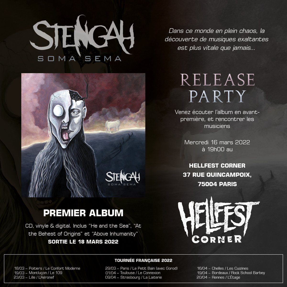 Stengah <a href="/StengahProject/">STENGAH</a> sort son 1er album vendredi 18 mars via <a href="/Mascot_Records/">Mascot Records</a> / <a href="/MLG_Rocks/">Mascot Label Group</a> et la Release Party a lieu mercredi 16 mars au <a href="/HellfestCorner/">Hellfest Corner</a> 
fb.watch/bM1bdj4dZB/