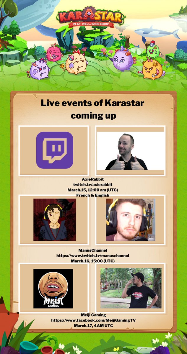 karastargamefi's tweet photo. 📈🌈KARASTAR -- LIVE Events Coming Up
Streamers are from France, Spain, and the Philippines!
✨It is the timing to join Karastar！
💌It is the timing to play well and earn!
https://t.co/MeX9Wb9A1V
☺️Join the KARASTAR Giveaway campaign on the live stream!
#Giveaways #NFTGiveaway https://t.co/e7fK5bFmPg