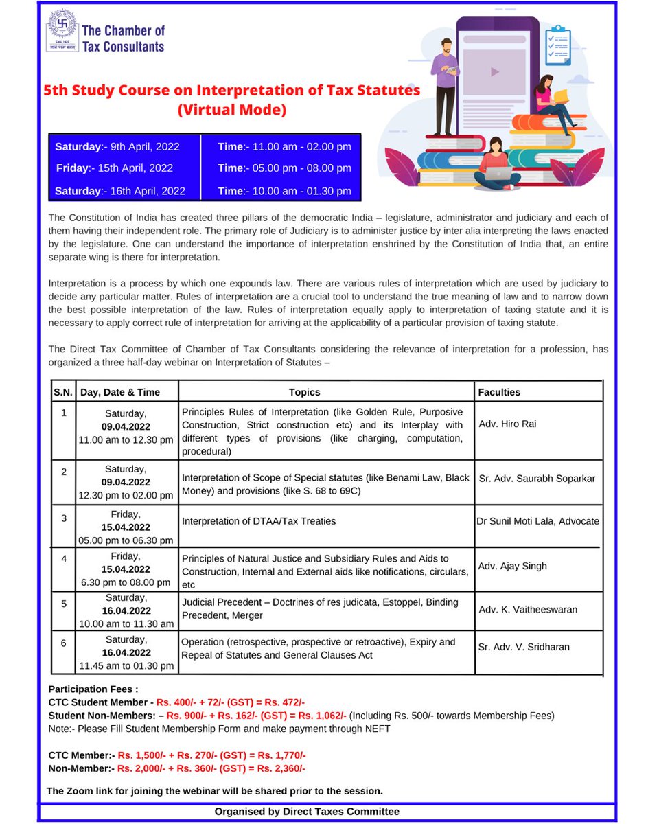 CTCConnect's tweet image. 5th Study Course on Interpretation of Tax Statutes
#studycourse #interpretation

Student Member:- bit.ly/3tDPnqw
Student Non-Member- Form: bit.ly/3sX8lcn 
NEFT- bit.ly/3sYvTOb
CTC Member:- bit.ly/3Kz6YH2
Non-Member:- bit.ly/3hX2hKU