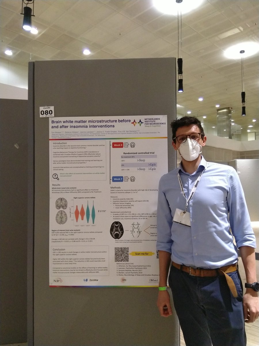 TomBresser1's tweet photo. Poster session day at #WorldSleep2022 for me 😃

Curious about the effects of insomnia interventions on the brains white matter?    
▶️ Check out poster #80
▶️ In-person Q&amp;A at 18:15 - 19:00 
▶️ 🔥 questions, but can't make it? Drop them here or mail/message me https://t.co/9WcCsFJ2rw