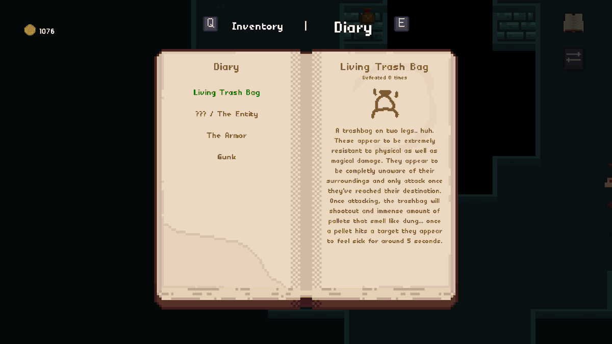 Kl3XY's tweet photo. A Diary/Bestiary has been added to #AlmightyShield!
The Diary has all the info regarding a specific enemy or location. To unlock a diary entry, you need to defeat the enemy a certain amount of times in order to unlock.
#indiedev #gamedev #indiegame #pixelart #GameMakerStudio2 https://t.co/17fO6wRzXI