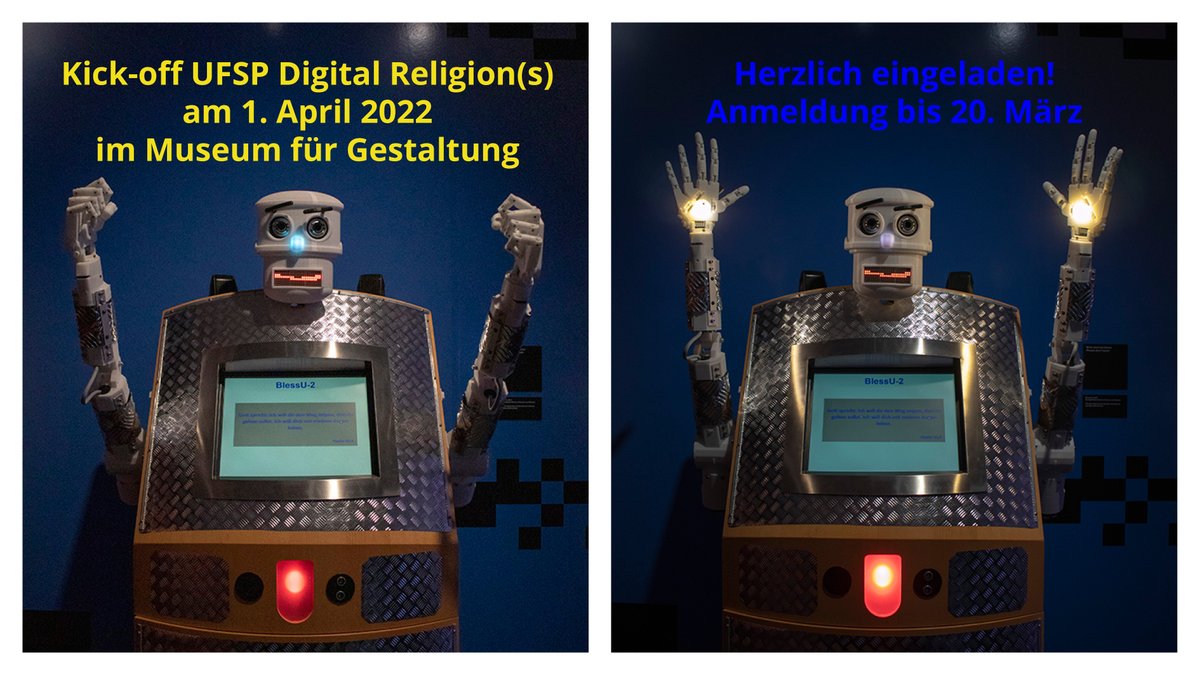 Herzlich eingeladen! Am 1. April findet unser Kick-off Event im Museum für Gestaltung im Rahmen der Ausstellung @PlanetD1gital statt. Wir freuen uns auf Euch!

Infos und Anmeldung hier: digitalreligions.uzh.ch/de/events/2204…

#digitalreligion #digitalblessing #religiousrobot <a href="/musgestaltung/">Museum für Gestaltung Zürich</a>