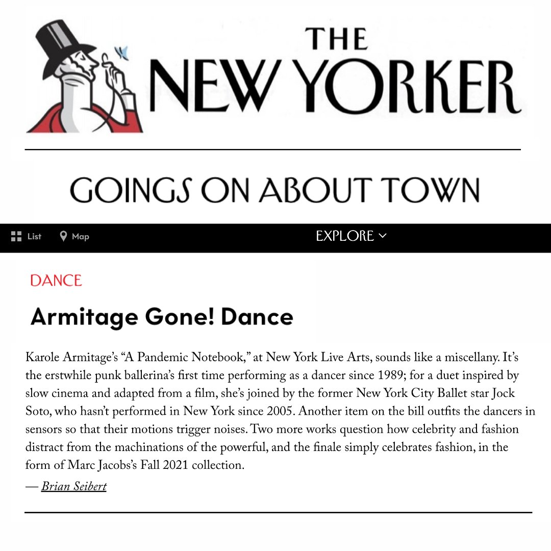 Armitage Gone! Dance (@armitagedance) on Twitter photo Both @timeoutnewyork & <a href="/NewYorker/">The New Yorker</a> say to see our performances at <a href="/NewYorkLiveArts/">New York Live Arts</a>, WED - SAT, 7:30pm.
"A Pandemic Notebook" brings you 7 world premieres, the return of an <a href="/nycballet/">nycballet</a> legend, Karole's first performance since 1989 & more, MARCH 16-19.
TIX: bit.ly/pandemic-noteb… Both @timeoutnewyork & <a href="/NewYorker/">The New Yorker</a> say to see our performances at <a href="/NewYorkLiveArts/">New York Live Arts</a>, WED - SAT, 7:30pm.
"A Pandemic Notebook" brings you 7 world premieres, the return of an <a href="/nycballet/">nycballet</a> legend, Karole's first performance since 1989 & more, MARCH 16-19.
TIX: bit.ly/pandemic-noteb…