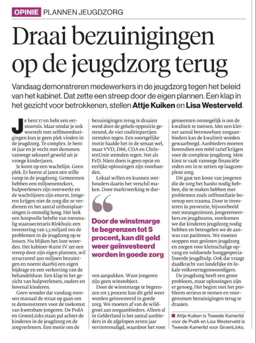 Draai bezuinigingen op jeugdzorg terug, stop plannen voor eigen risico, investeer juist in meer plekken voor complexe jeugdzorg. Dit en meer bepleiten <a href="/Lisawesterveld/">Lisa Westerveld 🟥</a> en ik vandaag in het <a href="/AD/">a</a>. Vandaag demonstreren we voor de toekomst van onze jongeren; 13 uur, Malieveld Den Haag